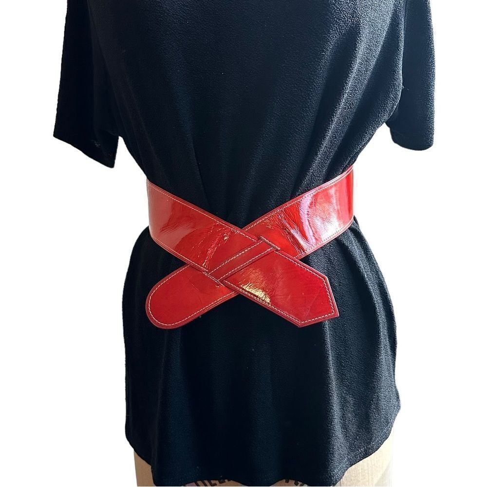 Vintage 80s Karl Lagerfeld Red Patent Leather Crossover Belt  size XS